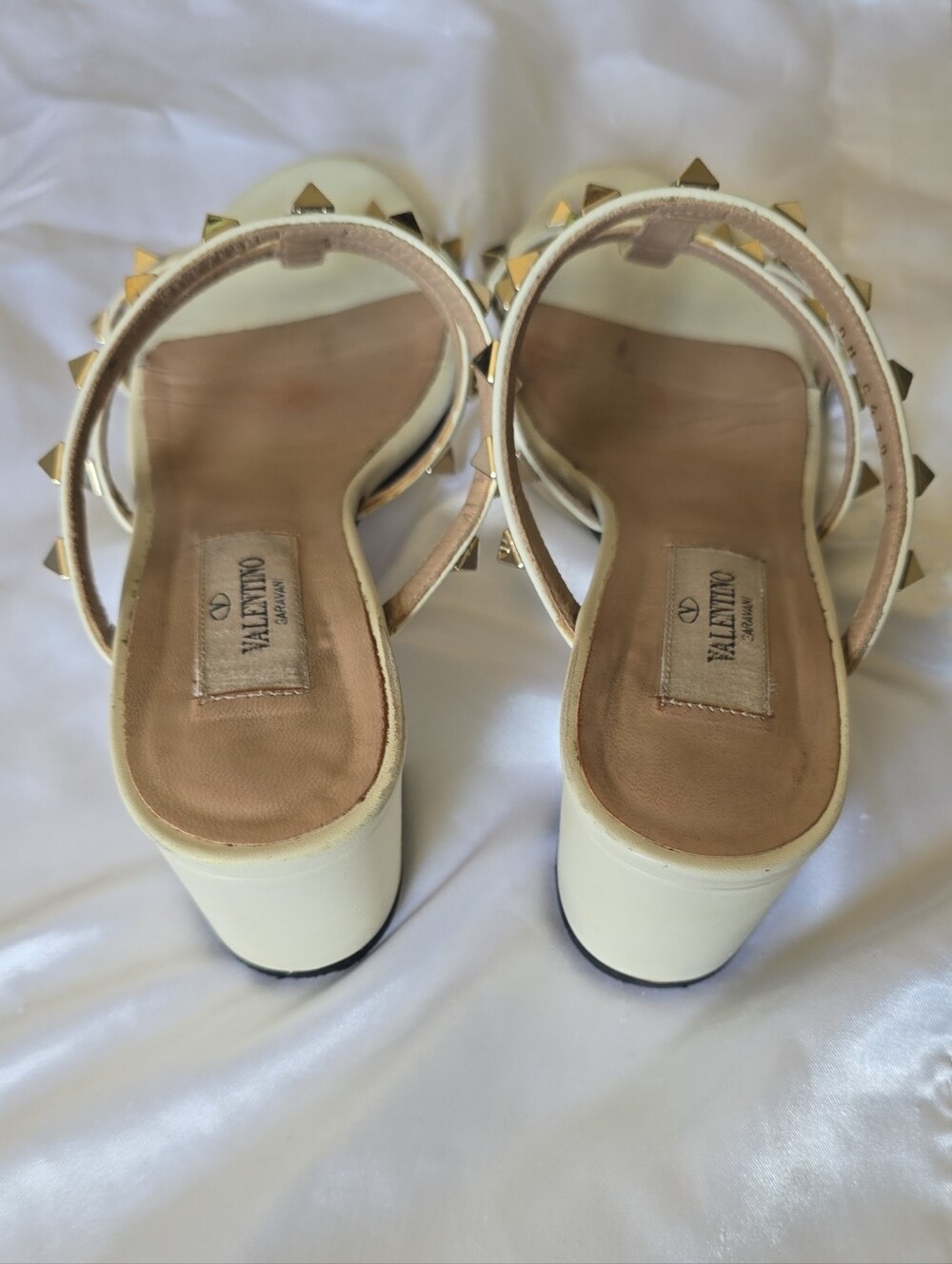 Valentino Garavani Cream Leather Rockstud Block Heel Mules
